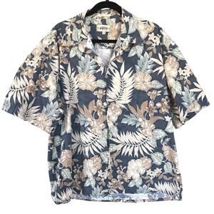 Vintage Hawaiian Button Down Shirt Navy Neutral Floral Vacation Cotton Mens XXL